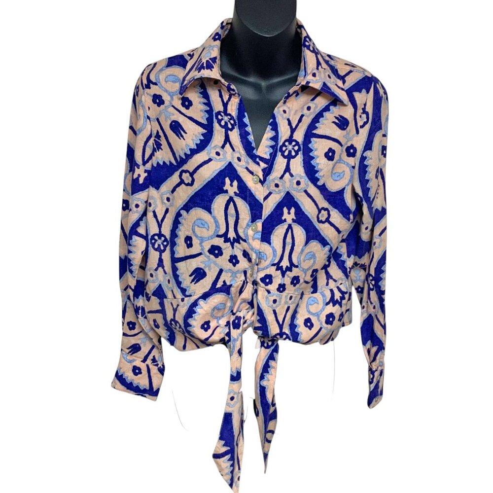 Christian Siriano NY Blue/Peach Print Linen Blend‎ Waist Tie Button Up Top